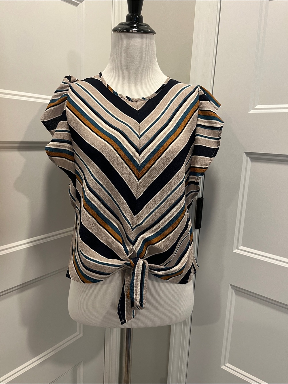 Striped Tie-Front Women's Top - Beige, Navy & Mustard size S